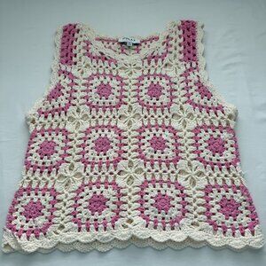Gilli Crochet Tank Top Pink Cream Knit Sleeveless Boho Cottagecore Granny Square